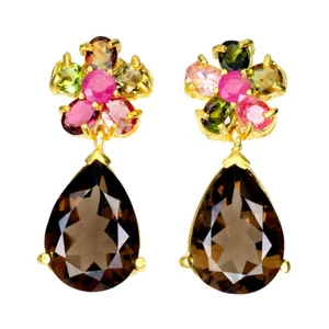 925 Sterling Silver Earrings Pear Smoky Quartz 14x10mm Ruby Tourmaline Gemstone - Picture 1 of 10