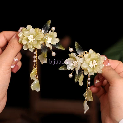 Green Flower Hairpins Chinese Fringe Jewelry Hanfu Dress Hair Pendant Headpiece - Image 1 of 4