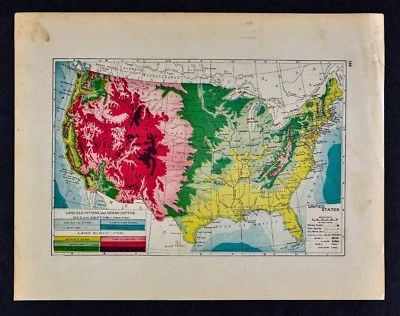 c. 1900 George Cram Map  United States Land Elevations and Ocean Depths Physical - Image 1 of 2