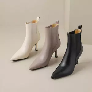 Mujeres Cuero Punta Tirar de Tacón Medio Botines Vestido Oficina Fiesta Zapatos - Imagen 1 de 12