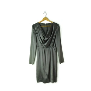 ST JOHN Liquid Satin Dress Sz 2 Drape Cowl Neck pockets long sleeves gray XS S - Picture 1 of 7
