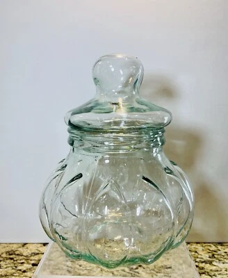 Vintage Glass Pumpkin Apothecary Jar Canister Bubble Lid Tinted Green ITALY RARE - Image 1 of 4