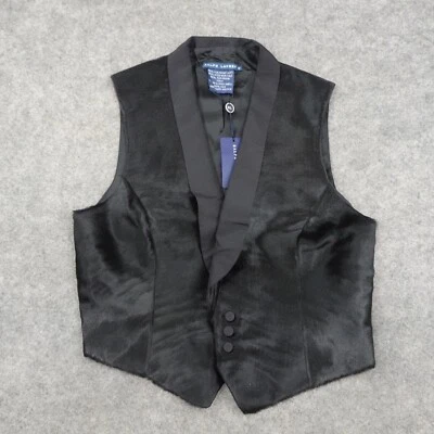 Ralph Lauren Vest Womens 12 Blue Label Black Silk Sleeveless Calf Hair Collar B - Image 1 of 4