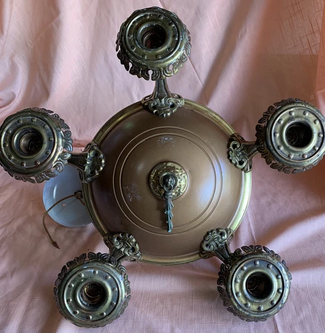 Antique 5 Arm Pan Light Brass Metal Ceiling Fixture Art Deco Nouveau 1930's Cover