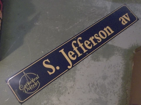 Vintage S. JEFFERSON av Cathedral District Street Sign 54" X 9" -GOLD on NAVY Cover