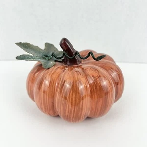 Holiday Fall Ceramic Pumpkin Painted & Glazed W/ Metal Leaf & Vine 4” Tall - Picture 1 of 5
