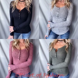 Women Long Sleeve Scoop Neck Henley Top Soft Stretch Hacci Knit Casual Basic - Picture 1 of 24