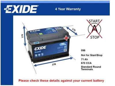 Battery fits SAAB 9-5 9000 900 9-7 9-3 Exide 096 670A 71Ah Quality New - Image 1 of 4