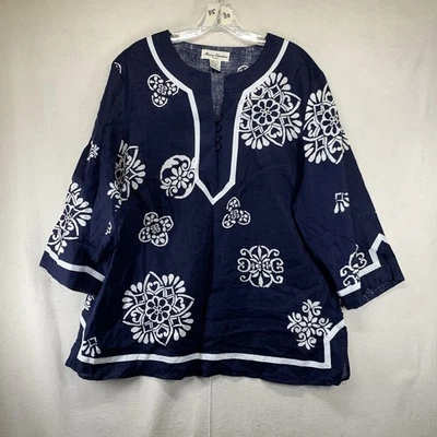 Women's All Linen Top 1X Dark Navy White All Over Art Print Sheer Lightweight - Image 1 of 4