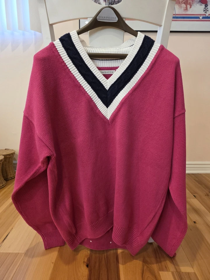 Suéter Vintage Clairborne Cuello en V Para Hombre Talla L Rosa Y Negro Preppy 100% Algodón Foto 1 de 4