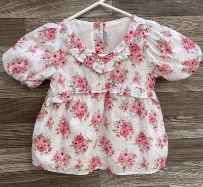 JANIE AND JACK Girls Floral Puff Sleeve Top Shirt Size 4 Pink & White - Image 1 of 4