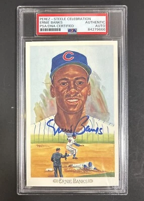 ERNIE BANKS SIGNED PEREZ STEELE Celebration Postcard PSA Mint HOF Auto Cubs - Image 1 of 4