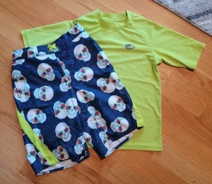 Arizona Navy Blue Skull Print Swim Trunks & Green Rashguard L 14 16 - Picture 1 of 5