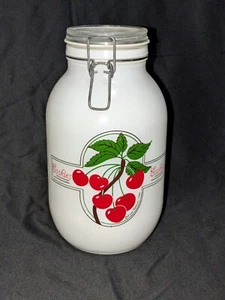 Vtg 1984 White Red Cherries ERMETICO Cookie Jar Canister Carlton Glass 3 Liter - Picture 1 of 9