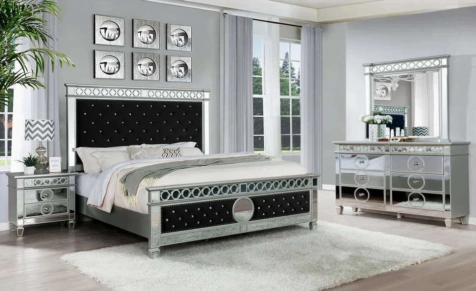 NEW 4PC Black Velvet Queen King Bedroom Set Glam Mirror Modern Furniture B/D/M/N - Image 1 of 1