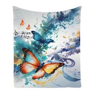 Butterfly Musical Notes Flannel Bedspread Throw Blanket Holiday Birthday Gift - Picture 1 of 16