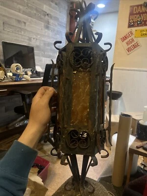 VINTAGE GOTHIC SPANISH REVIVAL WROUGHT IRON WALL SCONCE ELECTRIC LIGHT 22" - Image 1 of 4