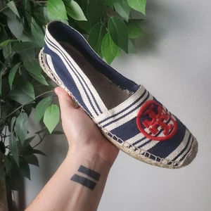 TORY BURCH Blue White Stripe Canvas Espadrille Flats Red Logo - US 9 - Picture 1 of 11