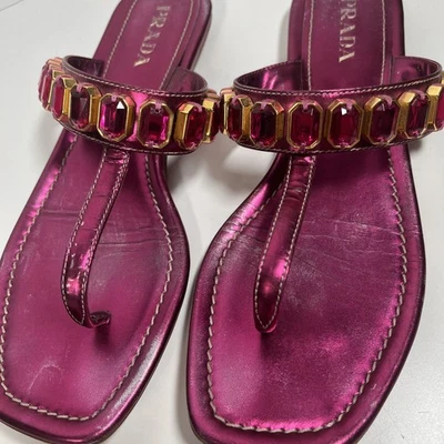 Auténticas Sandalias Prada Milano Puntera Única Metálicas Rosa Fucsia Joyas Talla 37 Foto 1 de 4