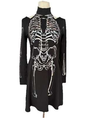 Vestido preto holográfico esqueleto médio adulto feminino fantasia de Halloween moderno - Imagem 1 de 4