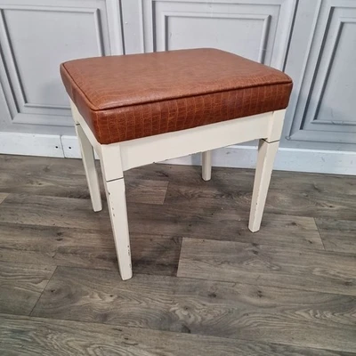 Retro Vintage Tan Croc Effect Faux Leather Stool – Wooden Frame – Mid Century - Image 1 of 4