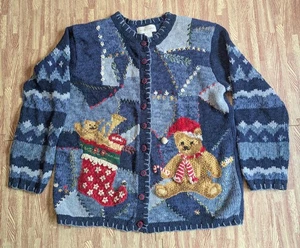 Lässige Eck Strickjacke Strick Teddybär Urlaub Weihnachten Strumpf blau XL - Bild 1 von 9