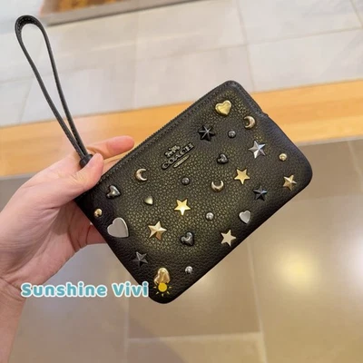 NWT Coach Corner Zip Wristlet Rivets Gunmetal/Black Multi Pebble Leather CCJ75 - Image 1 of 4