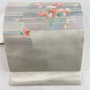 Nagoya obi Silk Flower Stripe Embroidery Silver Foil  Formal Kimono Accessory - Picture 1 of 5