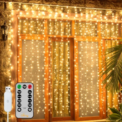 Ollny Curtain Lights 6.6X6.6Ft, 200 LED String Lights with Remote 8 Modes Dimmab - Image 1 of 4