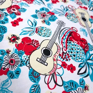 Retro Tropical Guitar Fabric 58" by the yard Stretch Cotton Rockabilly Print - Picture 1 of 9