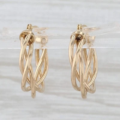 Woven Twist Hoop Earrings 18k Yellow Gold Round Hoops Snap Top Posts - Image 1 of 4