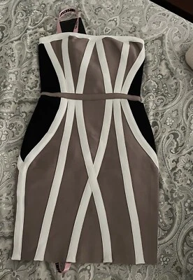 NWT Celeb Boutique Tan Black Strapless Bodycon Bondage Dress Small S NEW $225 - Image 1 of 3