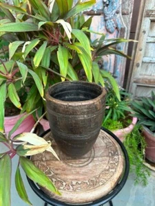 1800's Old Ancient Wooden Hand Carved Beautiful Shape Grain Pot Planter Pot - Picture 1 of 12