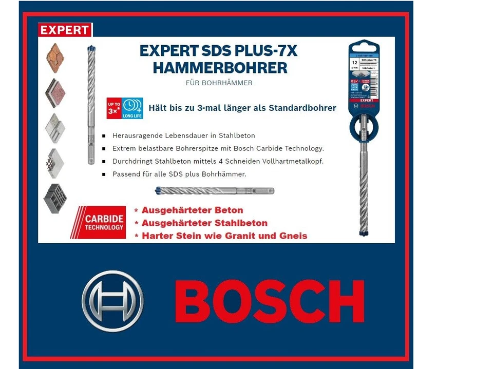 BOSCH EXPERT SDS PLUS-7X HAMMERBOHRER Ø 4mm-30mm - 4 Schneiden Vollhartmetalkopf - Bild 1 von 1