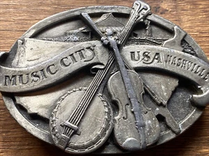 Vintage NASHVILLE MUSIC CITY USA metal Belt Buckle Pewter Banjo Fiddle Country - Picture 1 of 11