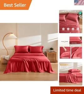 4-Piece King Silk Sheet Set - 100% Natural Mulberry Silk, Red with Deep Pockets - Picture 1 of 9