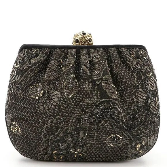 Judith Leiber Floral Lace Rhinestone Clutch Sparkle Evening Bag Black Gold - Image 1 of 4