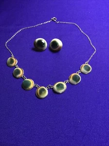 Vintage Operculum Muschel Katzenauge Sterlingsilber Halsreif Halskette Ohrringe Set - Bild 1 von 4