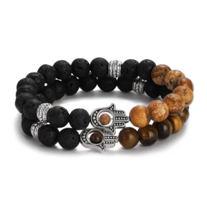 Lucky Turkish Evil Eye Hand Of Fatima Bracelets Natural Tiger Eye Beaded Jewelry - Picture 1 of 25