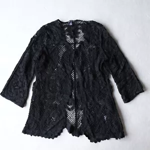 Nina Leonard Cardigan Jacket Black Crochet Embroidered Lace Medium - Picture 1 of 14