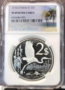 1974 CAYMAN ISLANDS SILVER 2 DOLLARS GREAT BLUE HERON NGC PF 69 ULTRA CAMEO - Picture 1 of 3