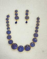 Blue Sapphire Teardrop 22k Gold Plated CZ Single Line Necklace Earring Jewelry