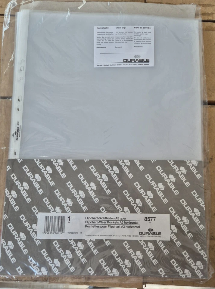 DURABLE  Klarsichthüllen, A3 quer, Nr. 8577 10 Stück - für Tisch-Flipchart - Bild 1 von 1