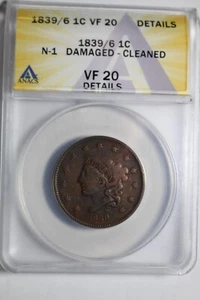 1839/6 Large Cent N1 ANACS VF20 Details - Picture 1 of 5