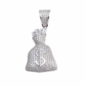 Sterling Silver Money Bag Hip Hop Pendant w/ Micro Pave CZ Stones - Picture 1 of 4