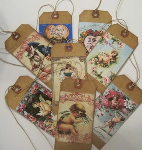 VICTORIAN STYLE VALENTINE HANG TAGS - PRIMITIVE STYLE - SET OF EIGHT - Picture 1 of 1