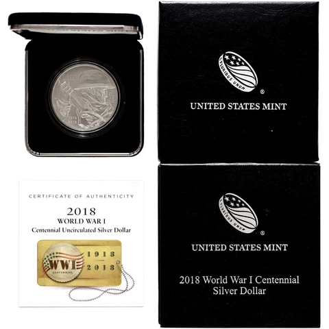 2018 P World War I Centennial BU Commem 90% Silver Dollar OGP & COA Cover