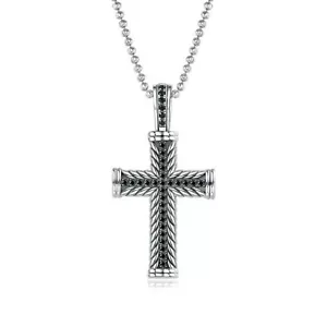 Black Simulated Diamond Cross Pendant Necklace 14K Oxidized White Gold Finish - Picture 1 of 8