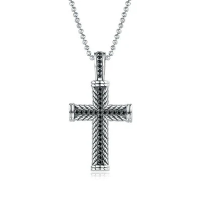 Collar Colgante Cruz Diamante Simulado Negro Acabado Oro Blanco Oxidado 14K Foto 1 de 4