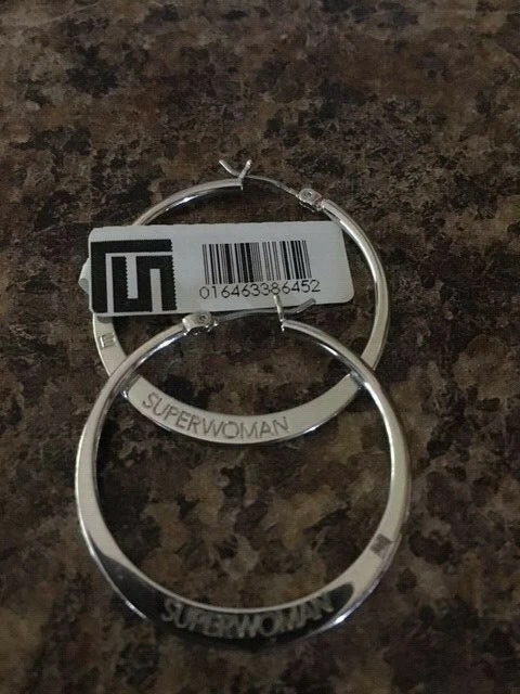 Brincos de argola SuperWoman folheados a ródio/prata 18K - Novo com etiquetas - Imagem 1 de 1
